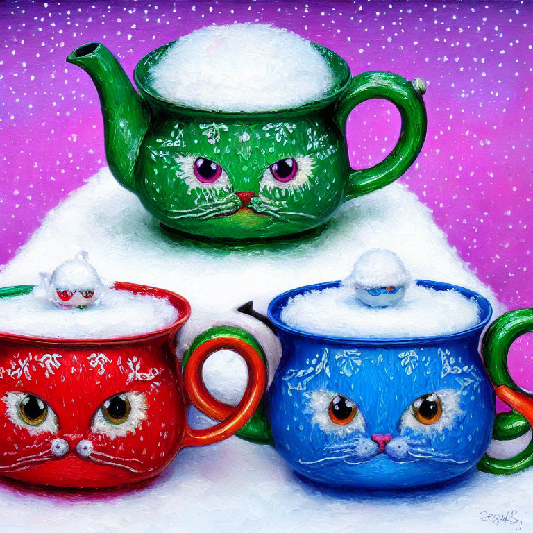 Colorful Teapots with Cat Faces in Snowy Scene