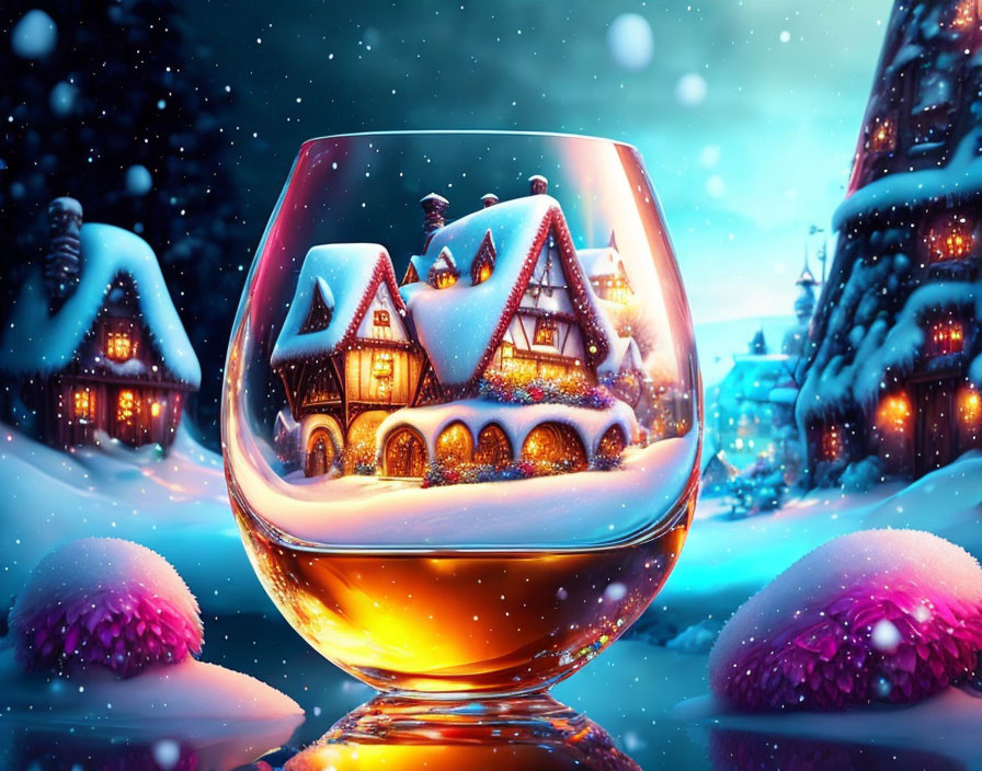 Miniature winter village in cognac glass under starry sky