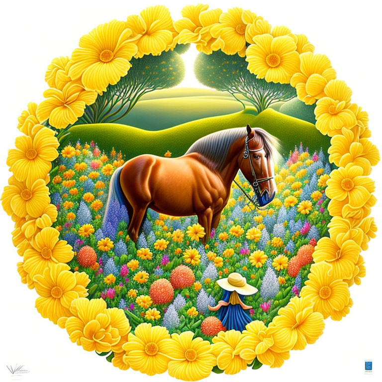 Colorful meadow scene with brown horse and flowers in heart-shaped wreath