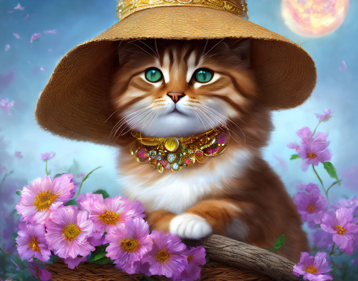 Majestic cat with emerald eyes in fancy hat and jeweled collar amid pink flowers on branch