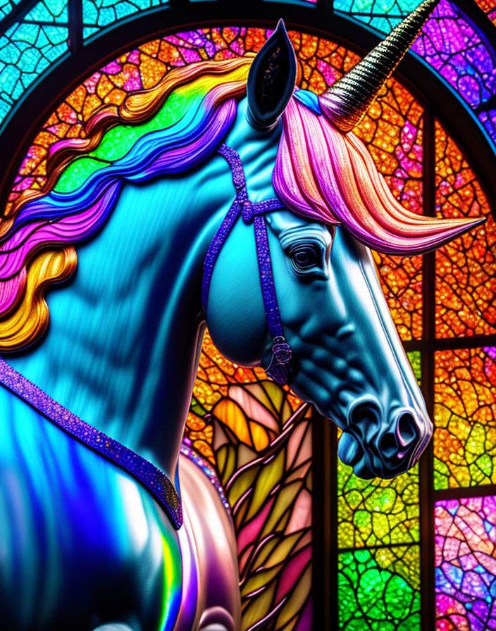 Colorful Unicorn Stained Glass Window with Spiral Horn