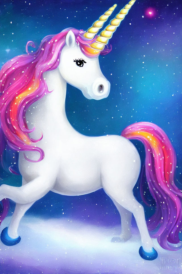 Illustration of white unicorn with golden horn and colorful mane on starry sky background