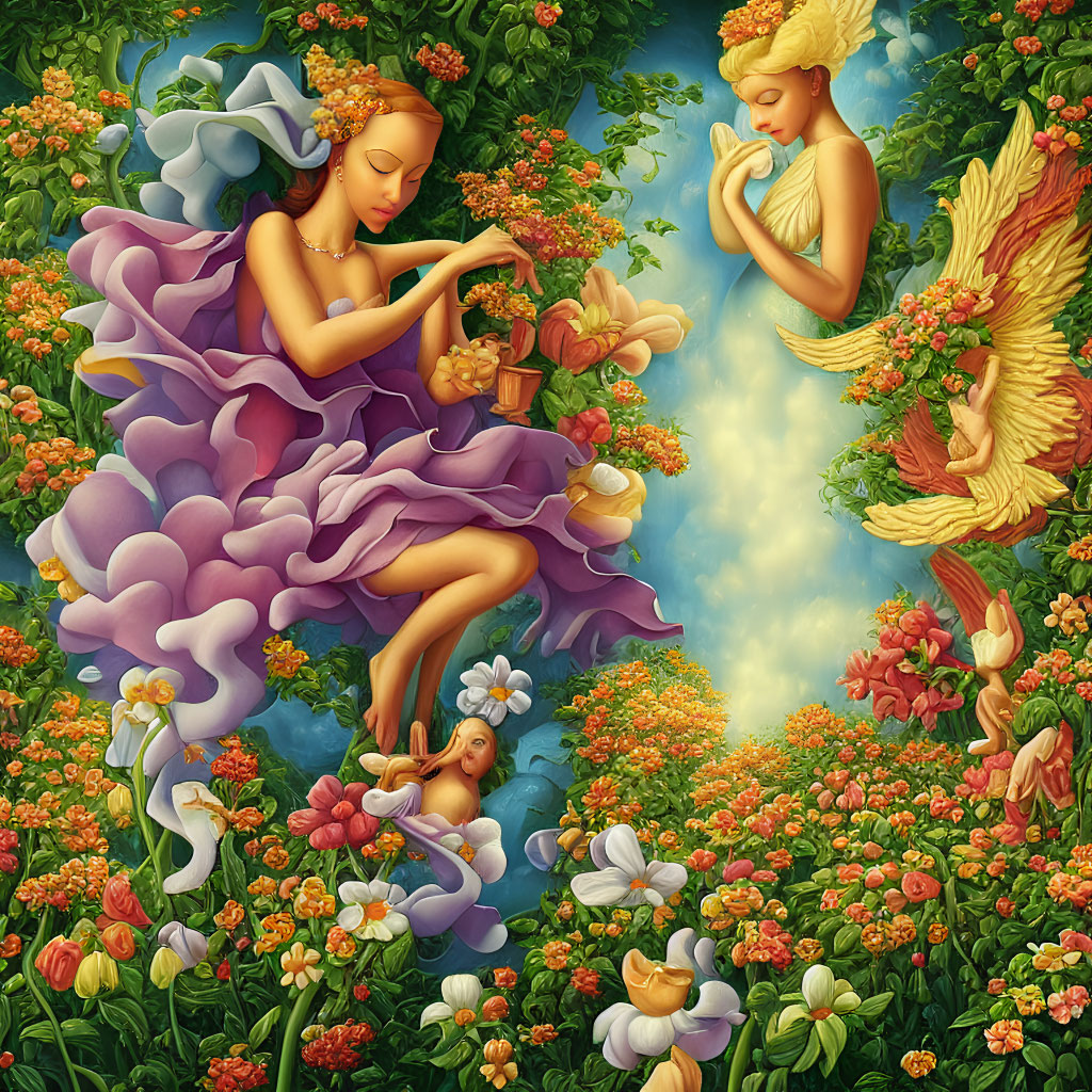 Colorful Fantasy Painting of Winged Feminine Figures in Botanical Setting