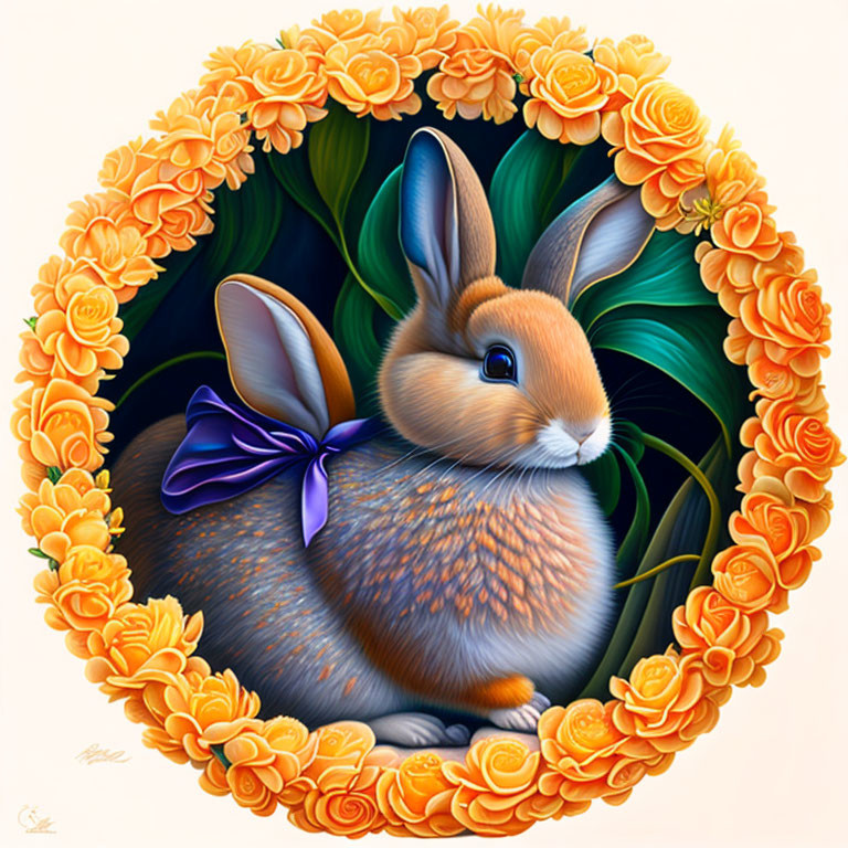 Brown rabbit with purple bow in orange floral wreath on green background