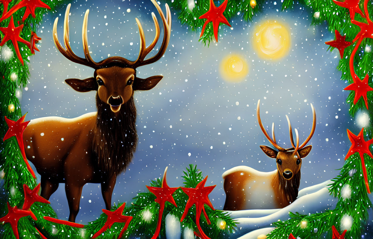 Reindeer in Festive Winter Scene with Snow and Starry Sky