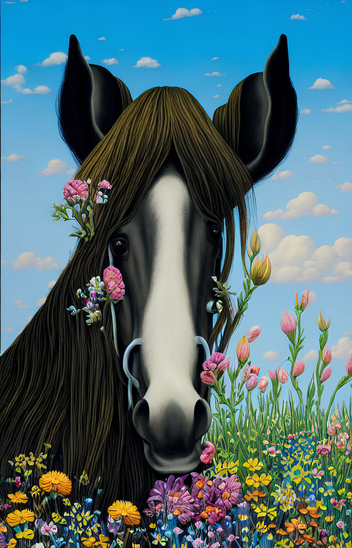 Brown and White Horse Head in Colorful Flower Field on Blue Sky