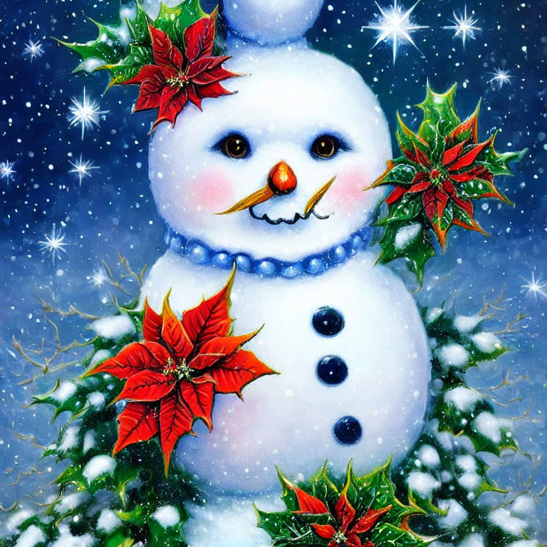 Snowman with blue necklace and poinsettias in snowy scene