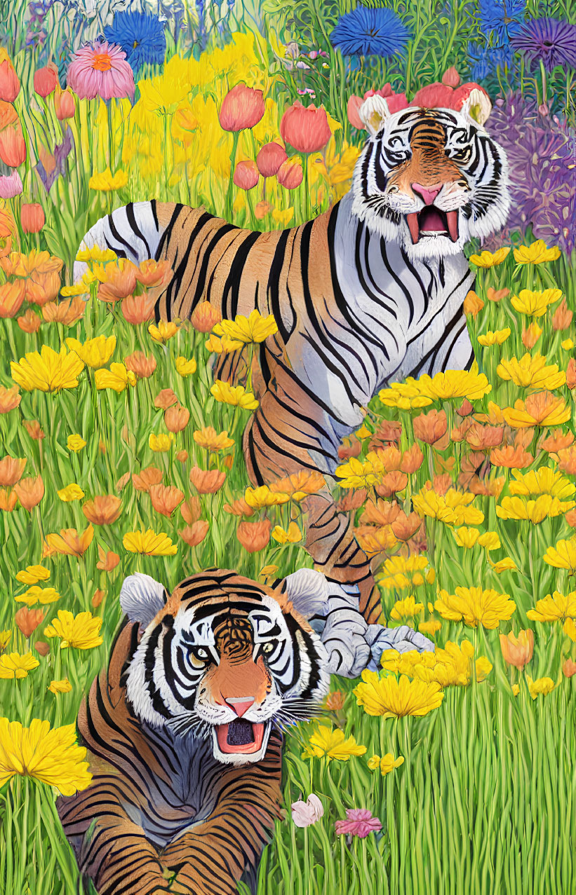 Two Tigers in Colorful Flower Field with Green Foliage