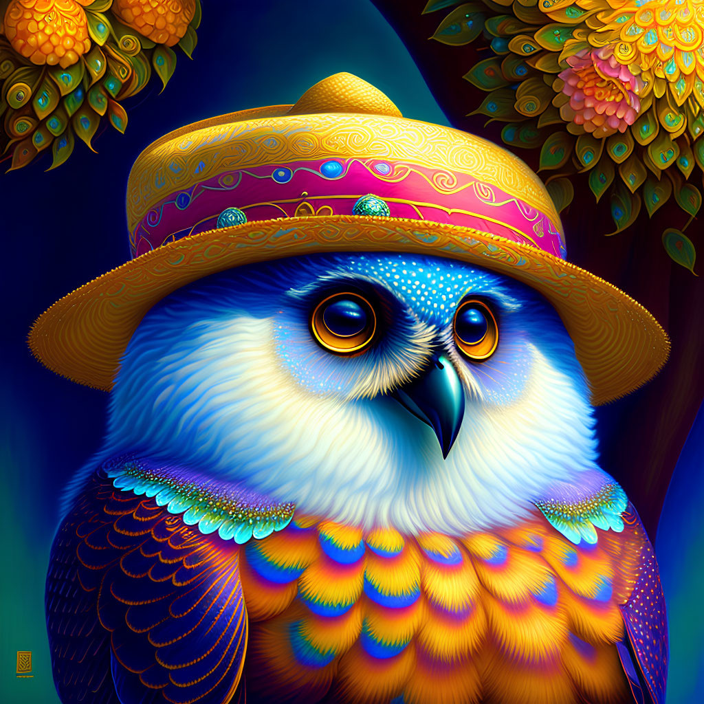 Colorful Owl Illustration with Decorative Hat in Vibrant Foliage