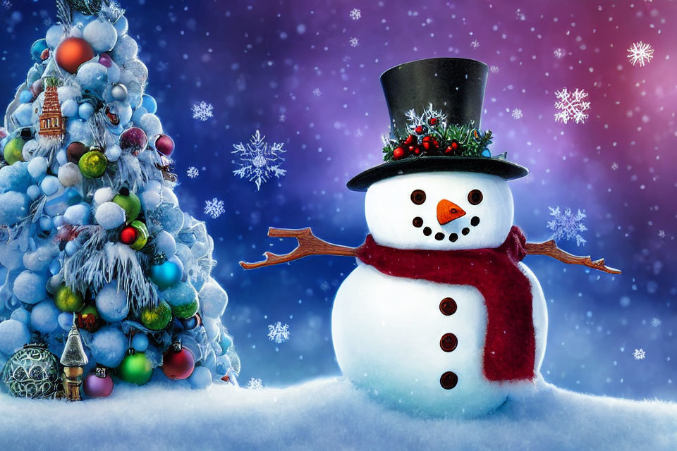 Festive snowman with top hat and scarf by Christmas tree