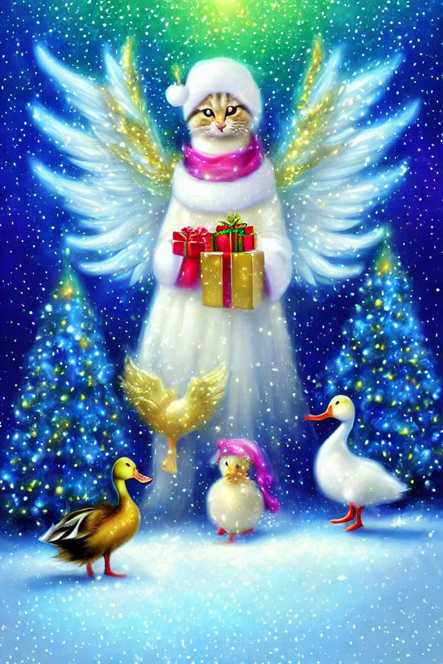 Cat angel with Santa hat and gifts, ducks, chick, and festive trees in snowy scene