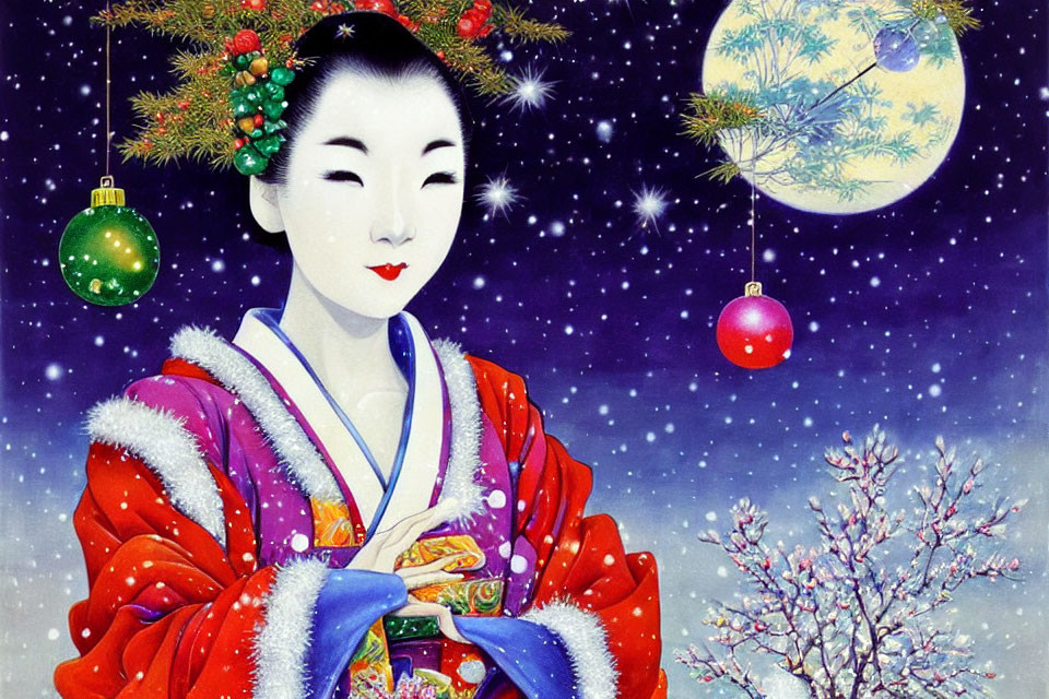 Smiling geisha in festive kimono under snowy night sky