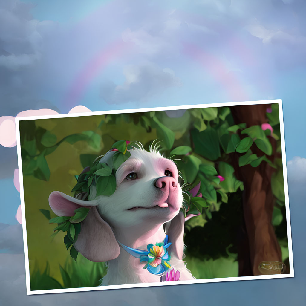 Dog with leafy crown and rainbow in cloudy sky