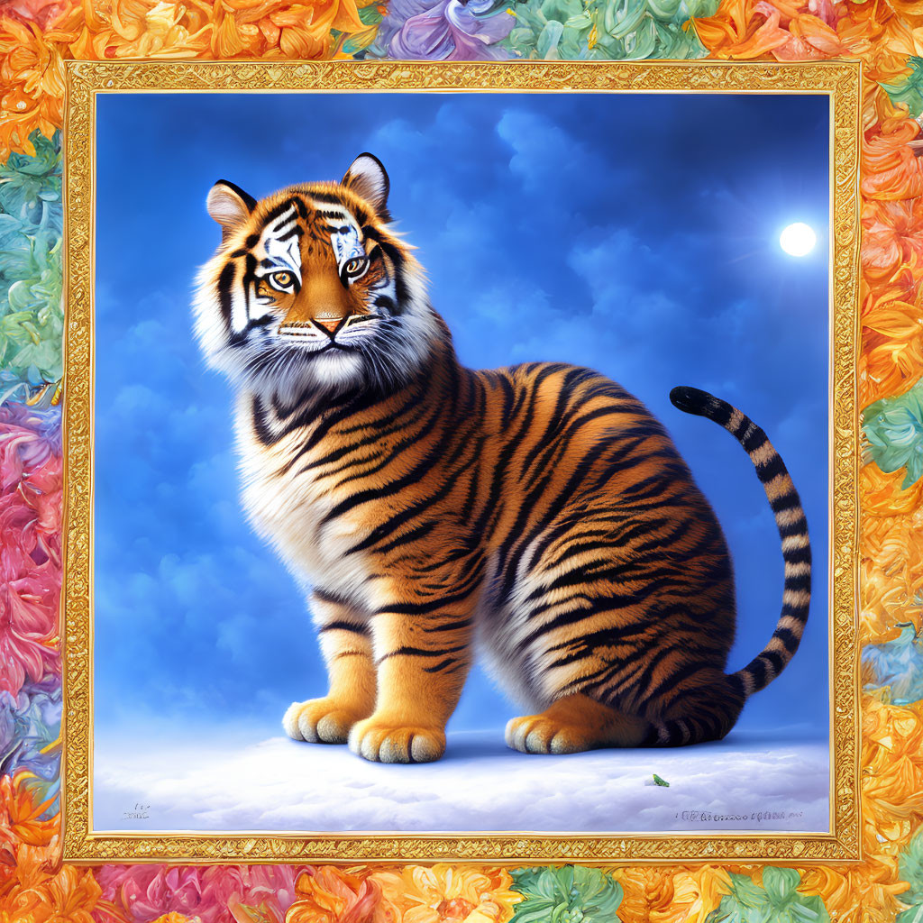 Colorful Tiger Illustration with Floral Background and Moonlit Sky