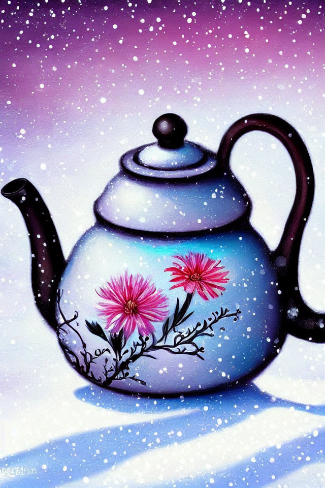 Blue teapot with pink flowers on snowy backdrop - cozy winter scene