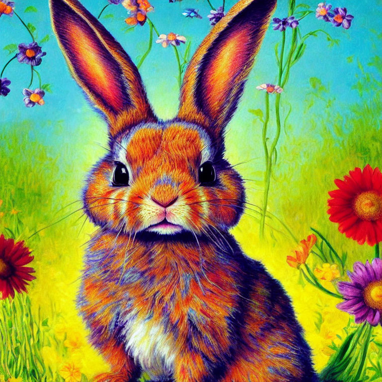 Vibrant rabbit illustration in colorful floral meadow