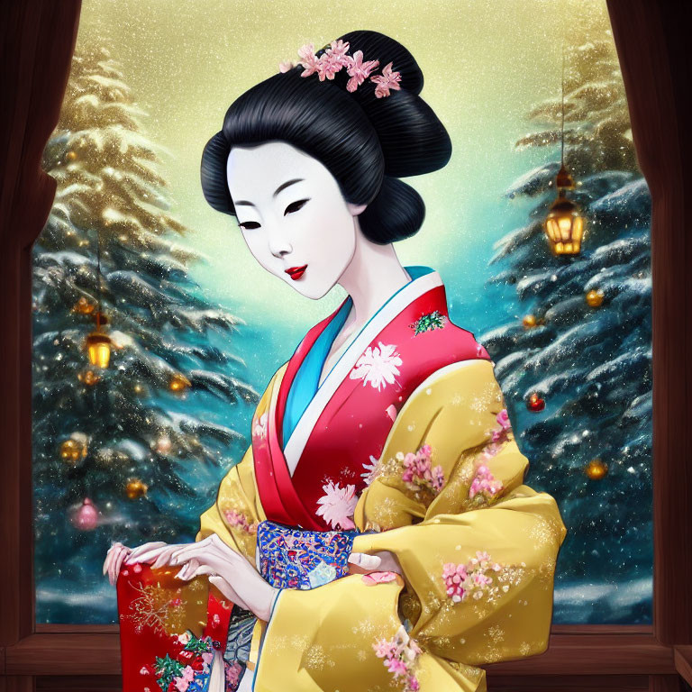 Colorful Kimono Geisha Illustration in Snowy Night Scene