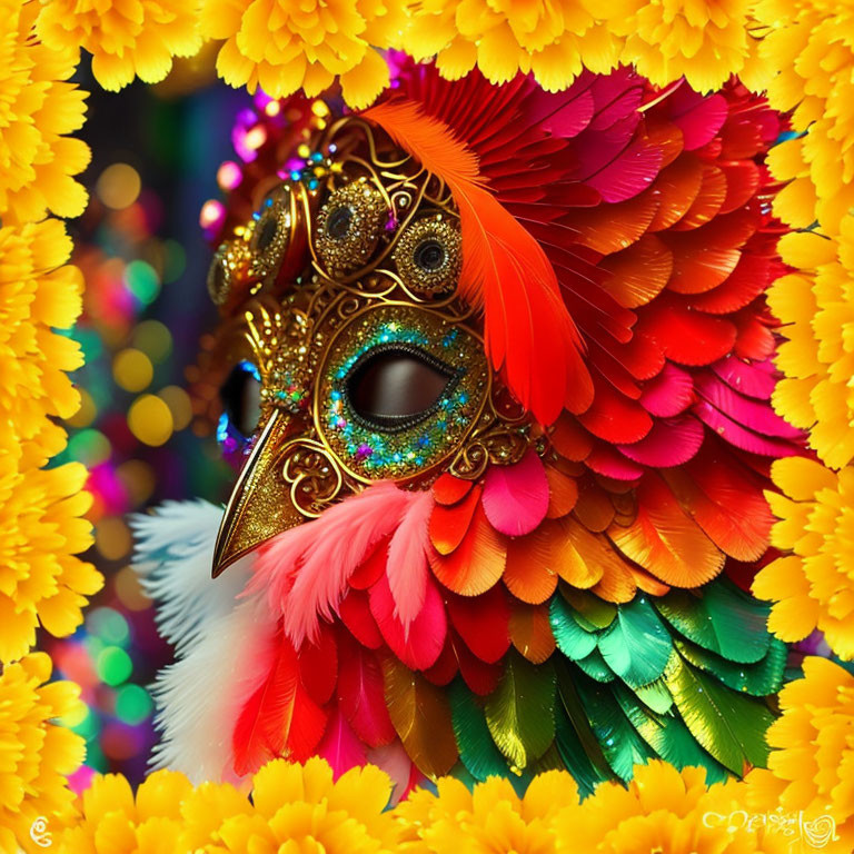 Colorful Feathered Masquerade Mask with Red, Orange, Yellow, Blue, and Gold