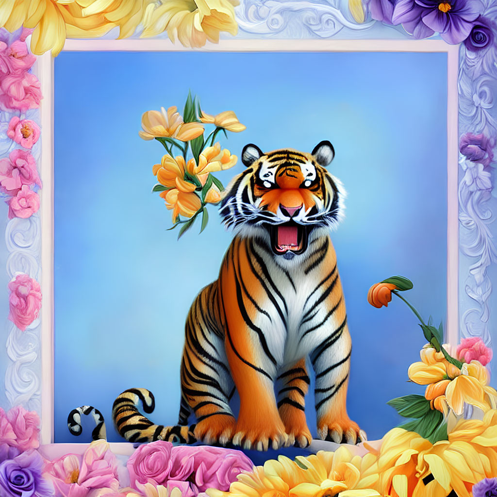 Colorful Tiger Illustration in Floral Frame