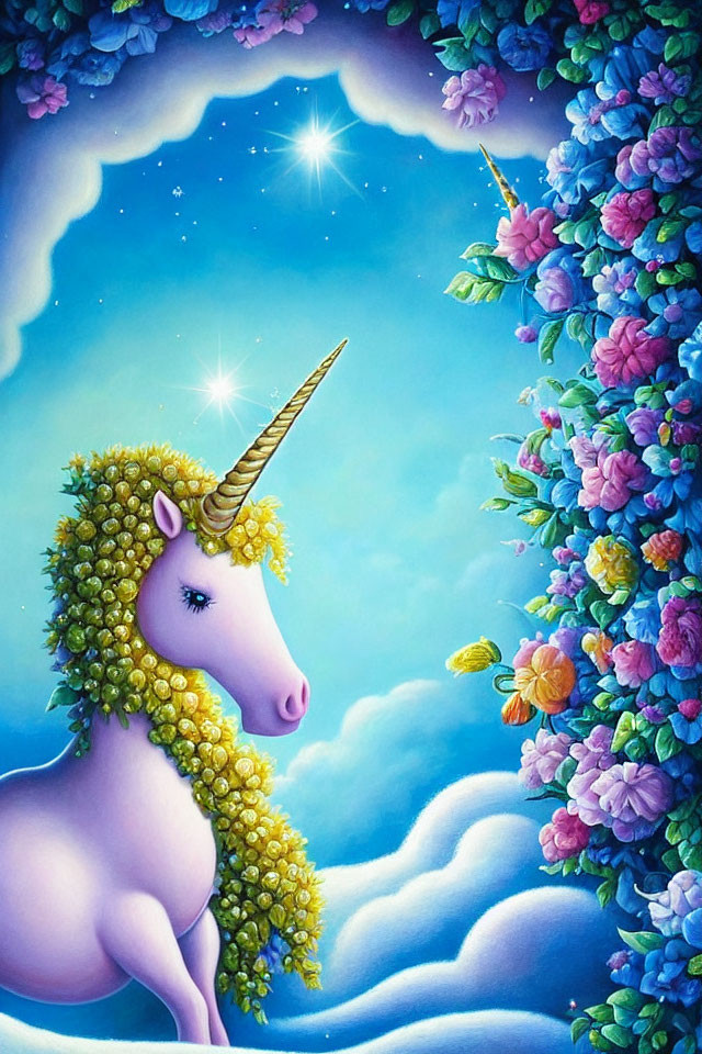 Colorful unicorn with golden horn and floral mane under starry sky