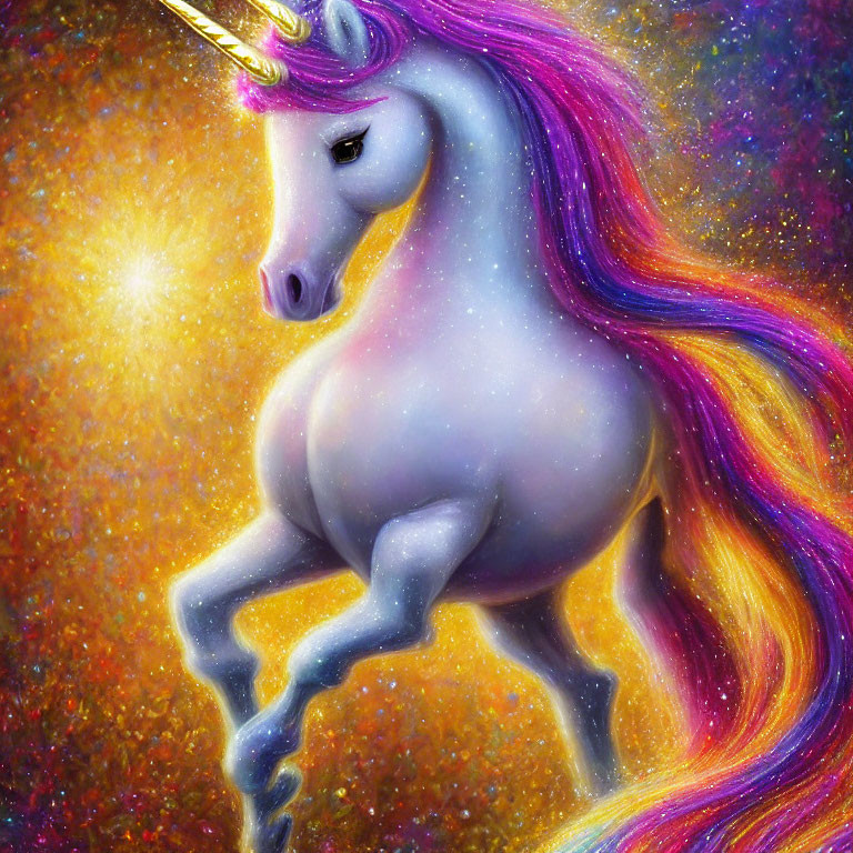 Vibrant Unicorn Illustration with Purple Mane and Nebula Background