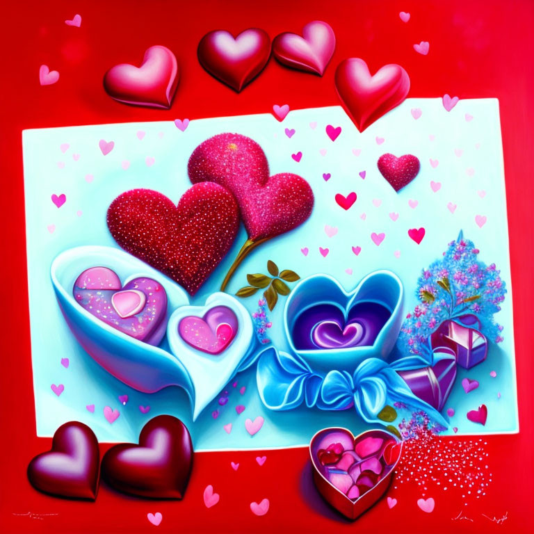 Vibrant heart-themed artwork with bowls and tree on red background