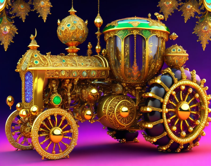 Golden Carriage with Jewel Embellishments on Purple Background