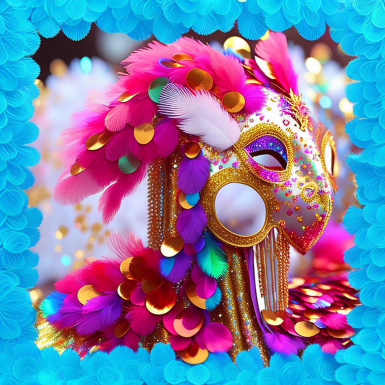 Colorful Carnival Mask with Feathers, Sequins, and Glitter on Bokeh Background