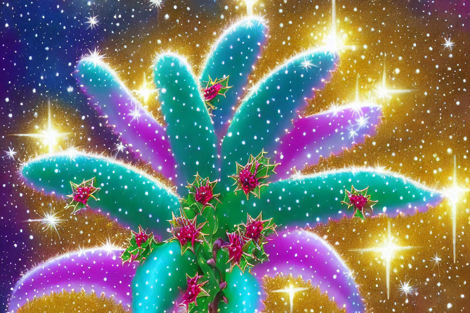 Colorful Cactus Illustration under Starry Sky with Pink Flowers