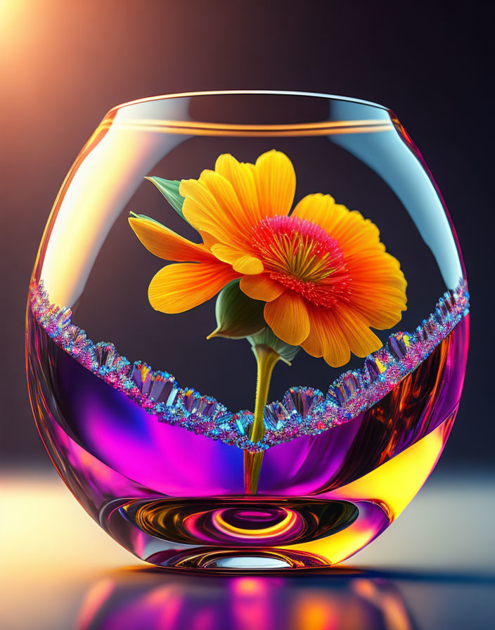 Vibrant orange flower in translucent purple bowl on reflective surface.