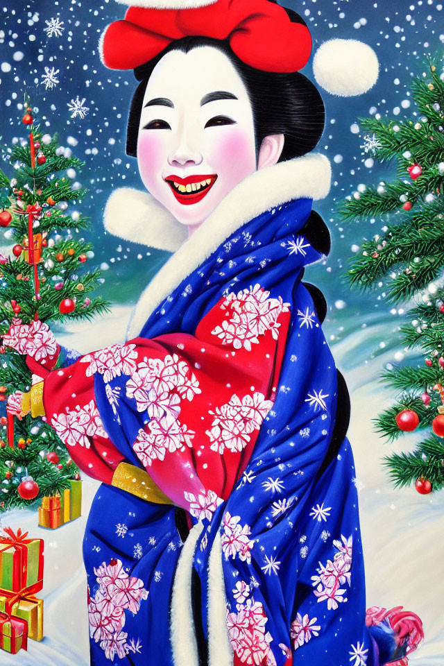 Person in Vibrant Blue and Red Kimono by Christmas Tree with Snow and Presents