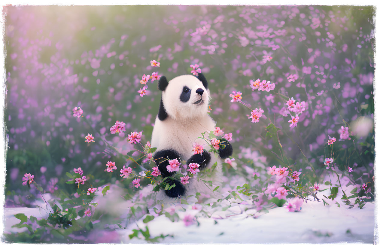 Panda surrounded by pink flowers and foliage in soft-focus pastel setting