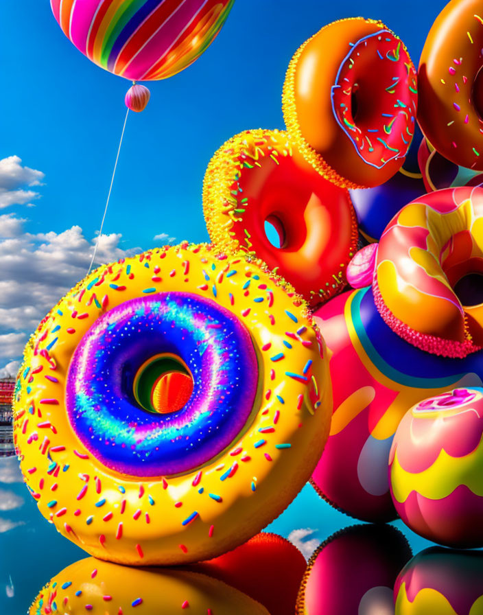 Colorful Sprinkle Donuts Floating on Reflective Water Surface