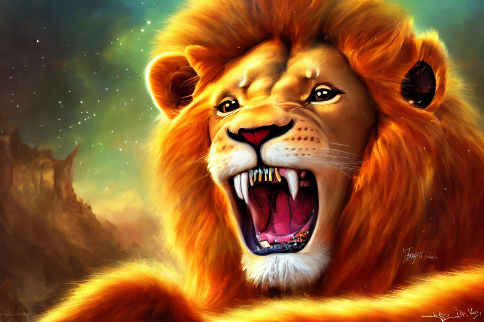 Majestic lion with vibrant mane roaring under starry sky