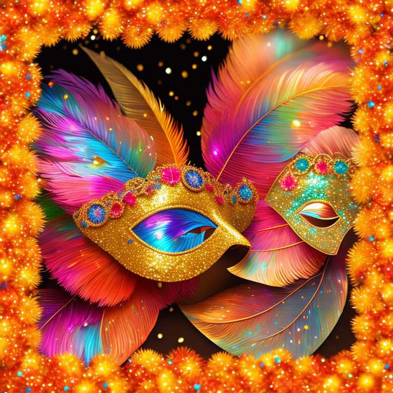 Colorful masquerade masks with gem embellishments and vibrant feathers.