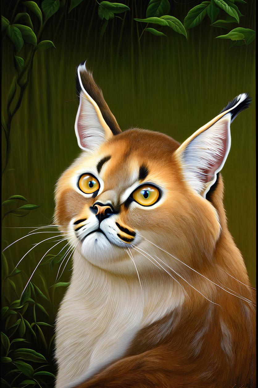 Illustration of caracal with amber eyes and ear tufts in green foliage