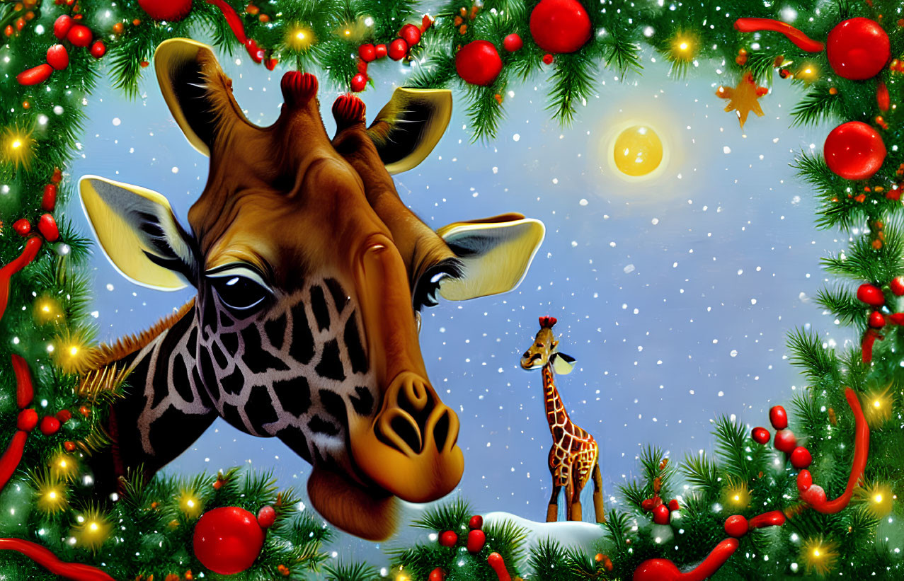 Close-Up Giraffe Surrounded by Christmas Decorations and Snowy Landscape