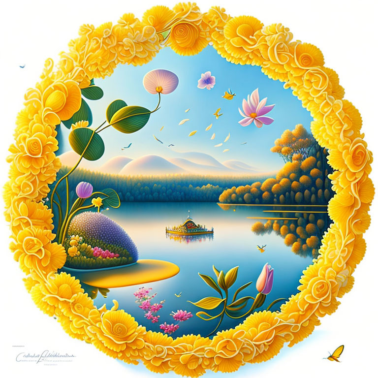 Circular Floral Border Artwork: Serene Lake Scene with Mountains and Boat