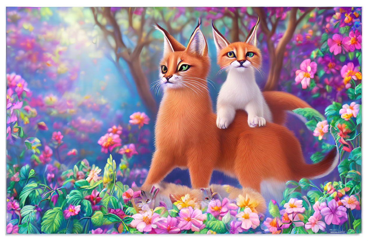 Anthropomorphic orange cats in vibrant flower setting.