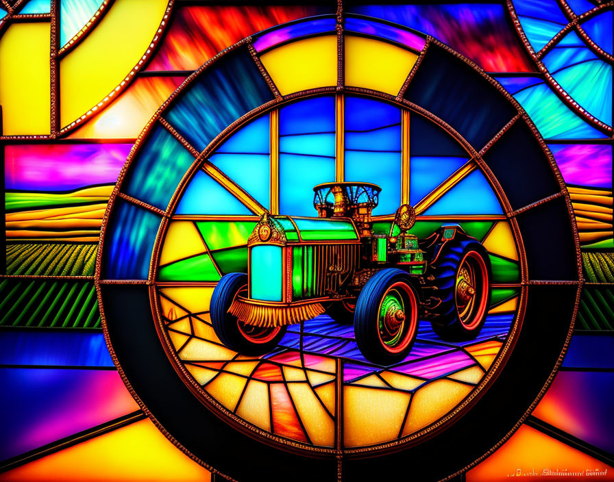 Colorful Stained-Glass Artwork: Tractor in Circular Frame