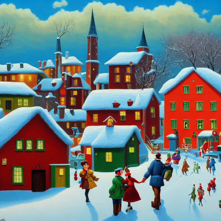 Snowy village painting with red buildings, church, and ice skating scene.