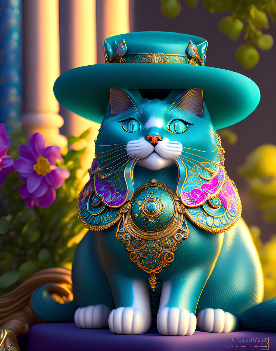 Colorful digital artwork of a blue cat in ornate jewelry and hat against floral backdrop