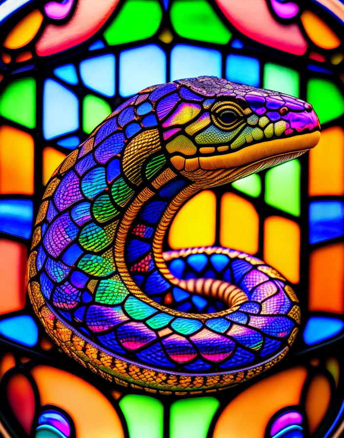 Colorful Stained Glass Design Featuring Coiled Snake on Mosaic Background