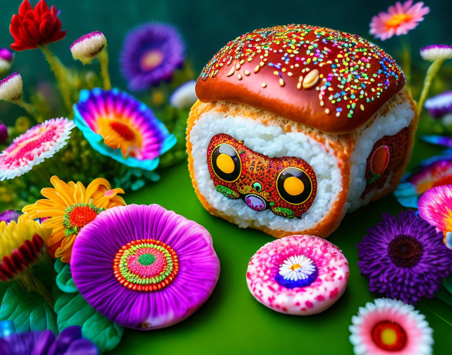 Colorful Burger and Doughnuts Characters with Vibrant Flowers