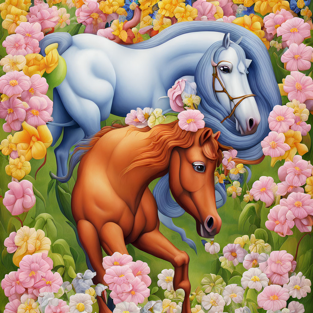 Illustrated horses with vibrant flowers in blue and brown