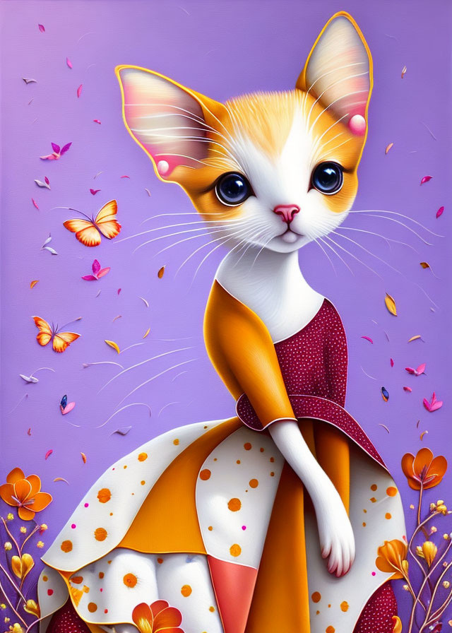 Orange and white anthropomorphic cat in red polka dot dress on purple background