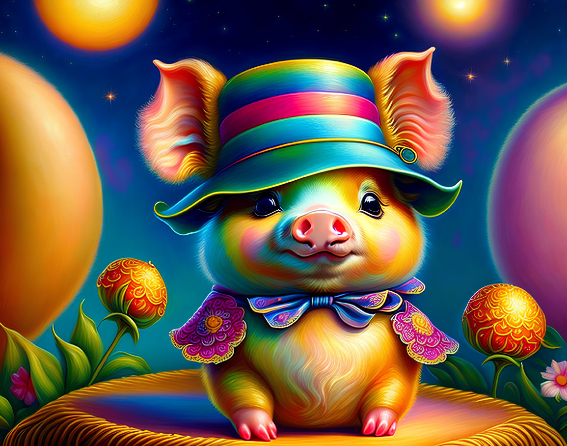 Illustration of piglet in hat and bowtie on starry backdrop with planets