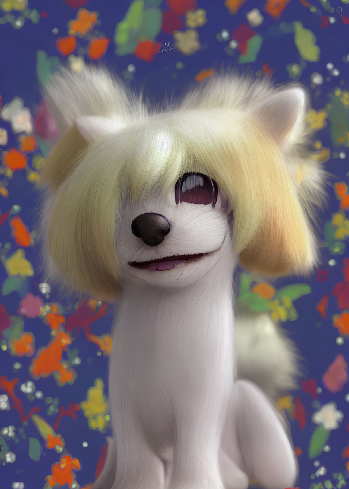 Stylized anthropomorphic dog with blonde hair in colorful floral setting