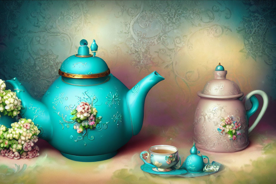 Colorful Teapot and Tableware Illustration on Pastel Background