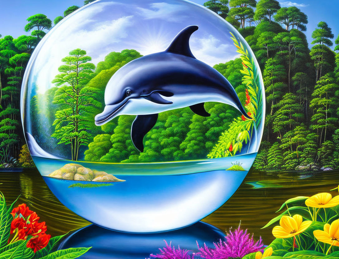 Dolphin leaping from water bubble in lush forest scene